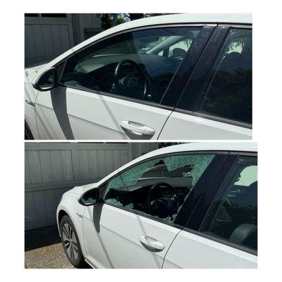 Before and after of a smashed door glass