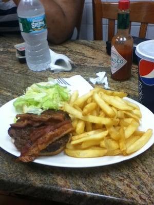 Burger with bacon & lettuce, french fries, and half & half. Tasted delicious! (Half lemonade, half iced tea)