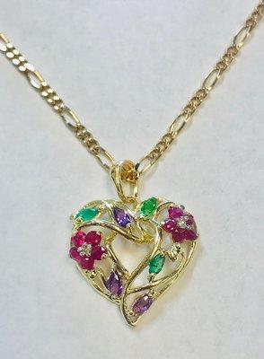 14K Yellow Gold Color Stone and diamond Heart Pendant with 20" Solid Figaro Diamond cut Chain