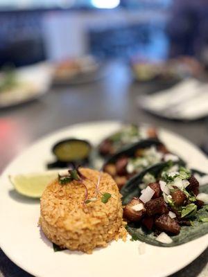 Pork Belly Tacos with side of rice