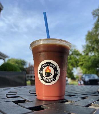 Raspberry ice latte with oat milk