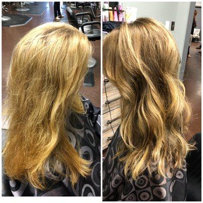 Before/After Added a darker base and pulled through ends also keeping some of the blonde out to add a highlight effect