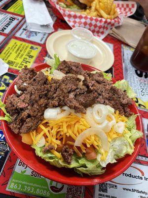 Close up of my (rare) burger salad... yum!