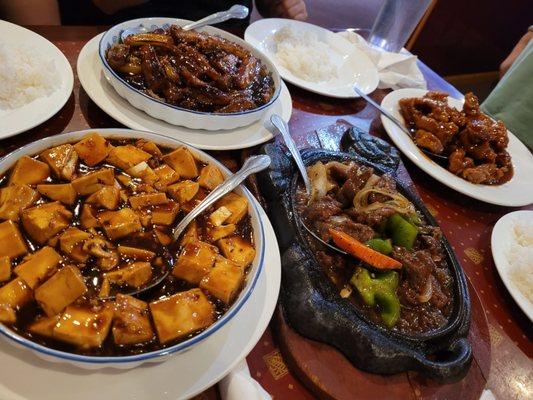 Peking style pork, black pepper beef, mapo tofu, eggplant