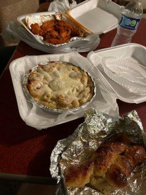 Shrimp Alfredo, wings and Garlic Knots