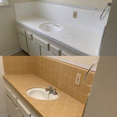 Bathroom counter. Old is yellow and new is white counter top.