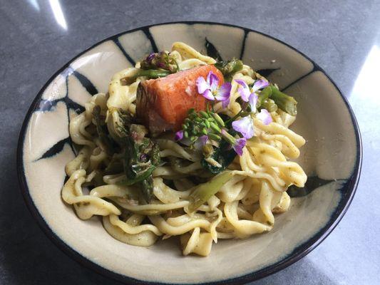 Grilled Salmon Pasta with Spring Vegetables