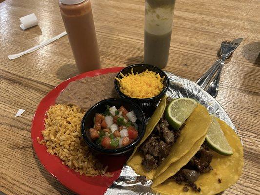 Asada tacos with beans and rice