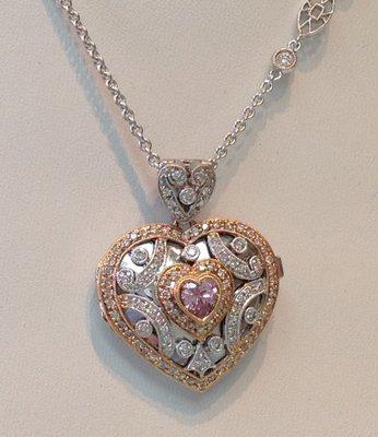 18k rose and white gold heart necklace/locket with diamonds and pink sapphire