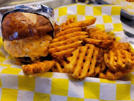 The prime burger and waffle fries with a light Cajun seasoning. Yum!