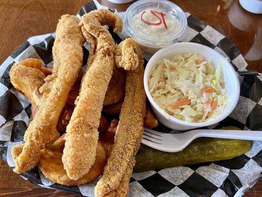 Small Catfish Platter, there are Sidewinder Fries and Hushpuppies under there!