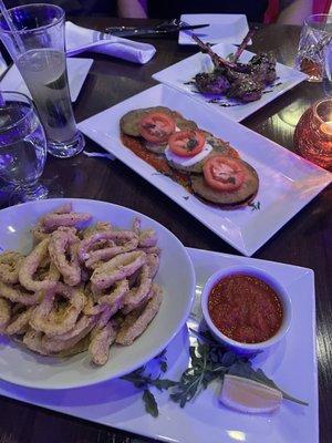 Calamari frite, lamp chop & Eggplants tower