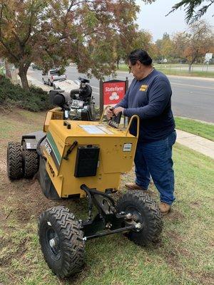 Working the new stump grinder.