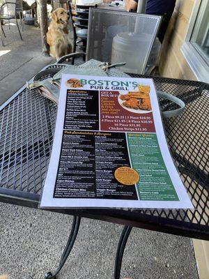 Menu and outdoor seating dog friendly patio