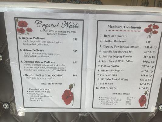 Manicure and pedicure menu