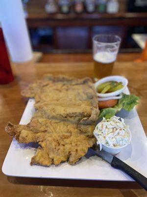 Ginormous Pork Tenderloin sandwich with Cole slaw and Mosaic Grouper Hazy IPA