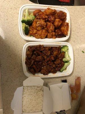 General Taos chicken and sesame beef