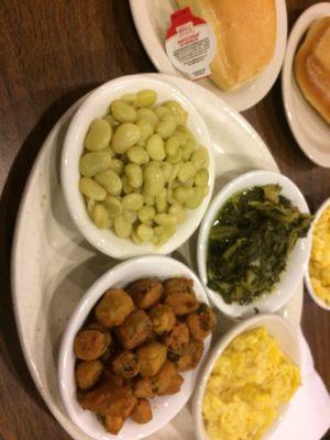 4 vegetable plate-limas, fried okra, turnip greens, squash casserole, homemade roll