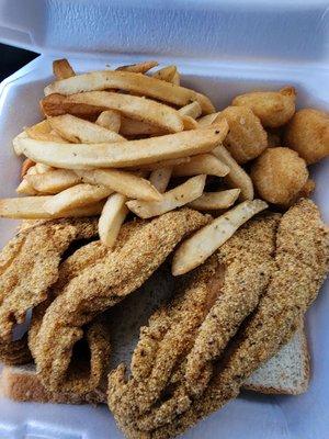 $20.00 3 piece Fried Catfish meal with two sides (fries and corn nuggets)