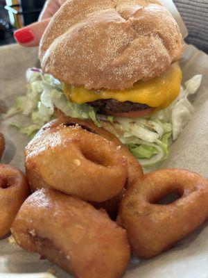 Burger and onion rings