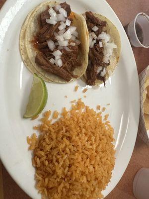 Barbacoa tacos and rice