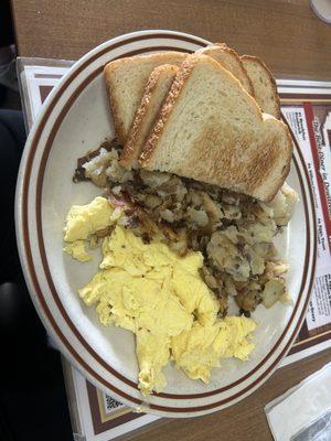 Eggs potatoes and toast