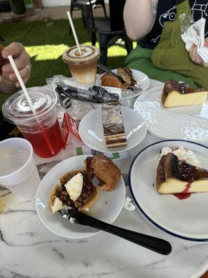 Pecan tart, basque cheesecake, opera cake, chocolate croissant, hibiscus tea, iced latte