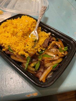 C24. Mongolian Beef Dinner Combination Platter with fried rice (after I ate most of the beef because it was so good!)