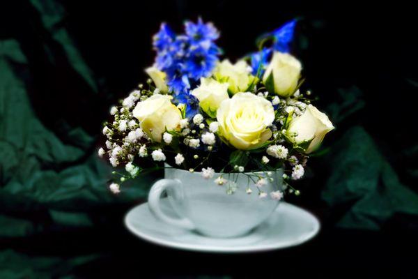 Flowers, Naturally! - a "floating teacup" floral mini-arrangement: baby's breath, spray roses and delphinium in a customer-supplied teacup.