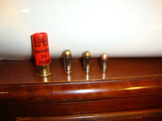 12 gauge buck shot, .45 ACP, .40 S&W, and .380 ACP