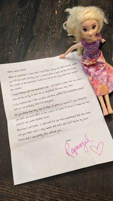 Daughter left her beloved doll at the shop on vacation.  We received this in the mail shortly after