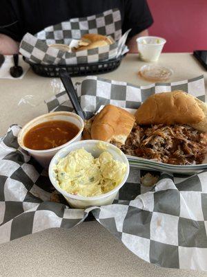 Pulled pork sandwich with sides