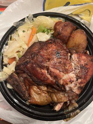 Jerk Chicken Dinner ; Rice and Peas with Cabbage and Plantain