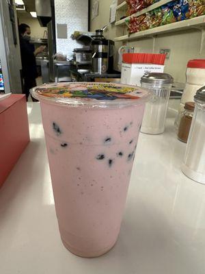 Strawberry and banana smoothie with boba