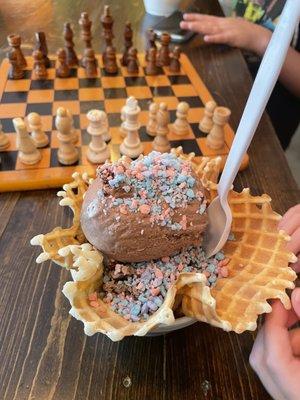 Chocolate and cookie- dough ice cream with cotton candy topping