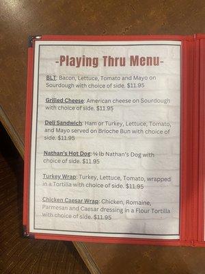 Sandwich menu as of 5/2/23