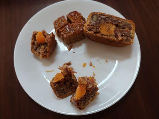 Happy Mid-Autumn Mooncake Festival!  Bite-sized cuts of mixed nuts and ham mooncakes.