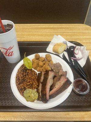 2 meat plate (sliced Brisket and Ribs) with Baked beans and Fried Okra and toast. Delicious!