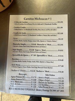 Most recent updated menu. You can't go wrong with the 1lb de carnitas!