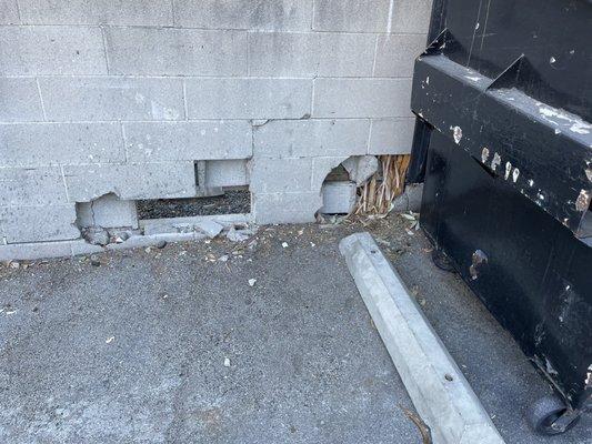 Crumbling cinder block wall in parking lot