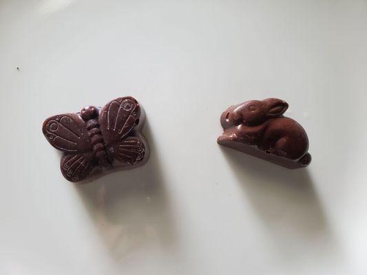 Peanut Butter filled Chocolate Butterfly and Grey Salt Caramel filled Chocolate Bunny for Spring season.