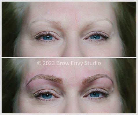 Microbladed brows to give fullness and shape to blonde barely there hair.