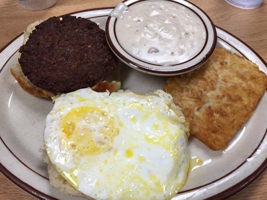 Sausage Biscuit, Egg, Hash Brown & Sausage Gravy.