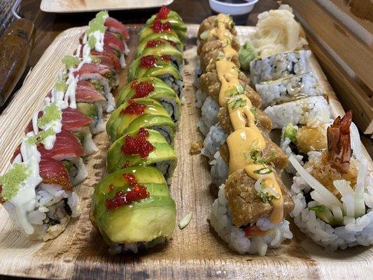 L to R: Ditch Plains Roll, Dragon Roll, Tomi Roll, Shrimp Tempura Roll