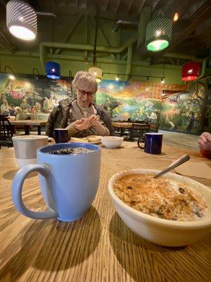 Our favorite oatmeal and a toasted bagel to start the day. Mighty good coffee too.