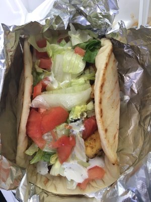 Chicken kabob in a pita.