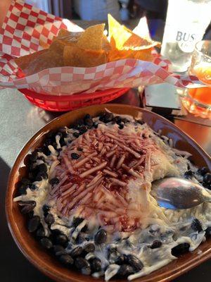 The raspberry bean dip with chips and an old fashioned