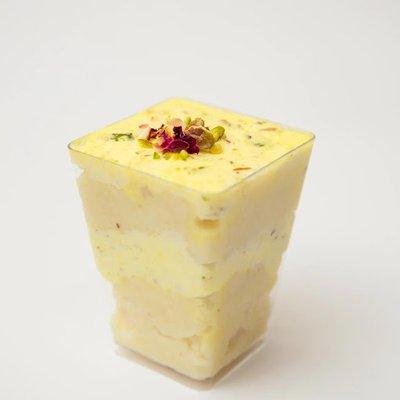 Ras malai cake Jar -- Velvety cake layers with Nuts, Saffron and cardamom-infused charm of Ras Malai.