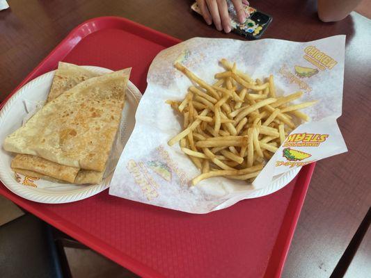 Delicious fries and quesadilla