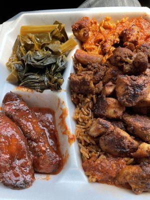 Suya Chicken, Jollof rice, spicy plantains, collard greens.